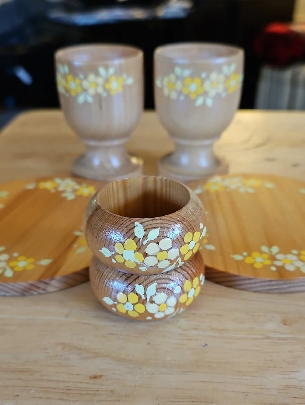 Hand-Painted Wooden Egg Cups, Coasters & Napkin Rings - Yellow Floral